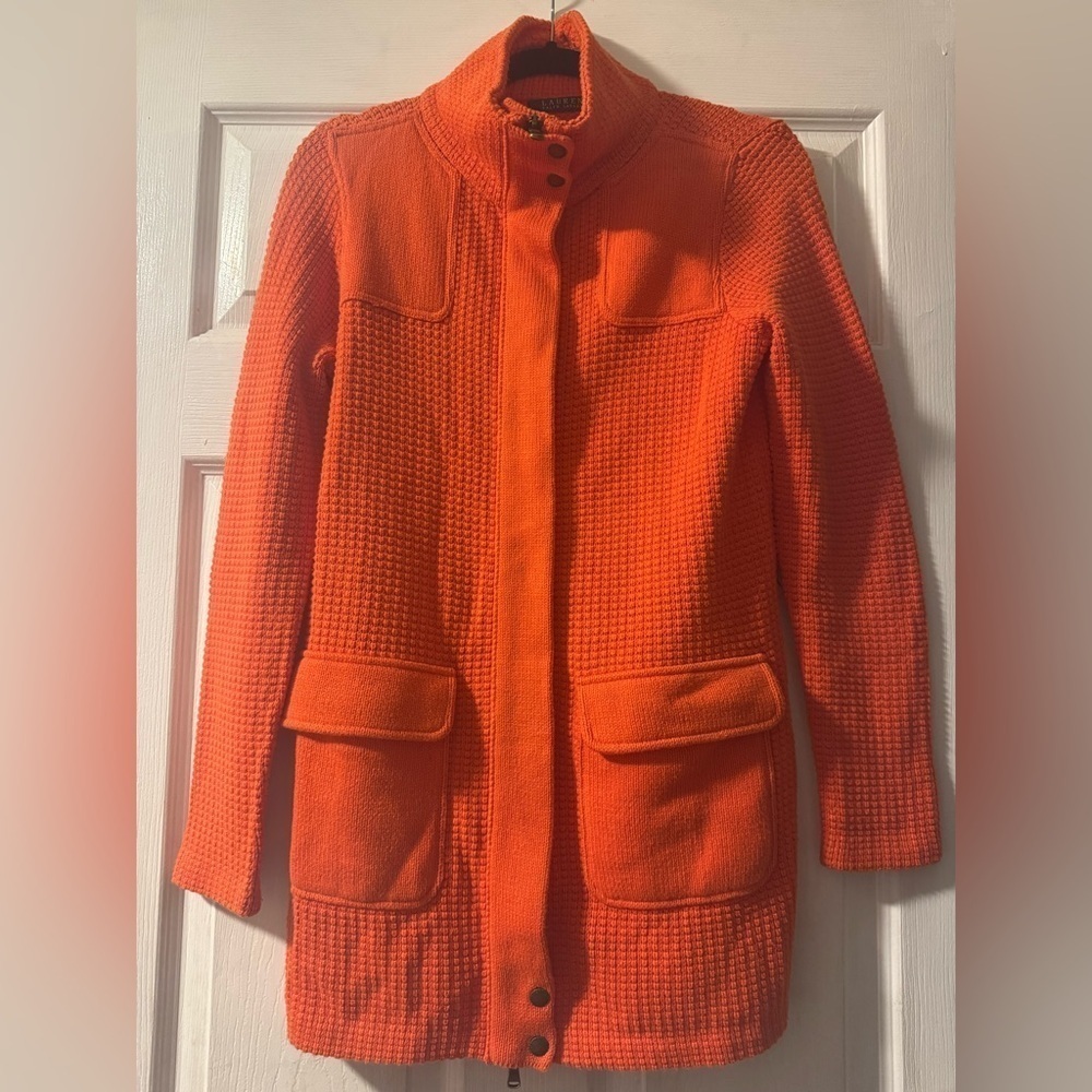 LRL Lauren Ralph Lauren Women's Orange Textured Zipper Coat Medium